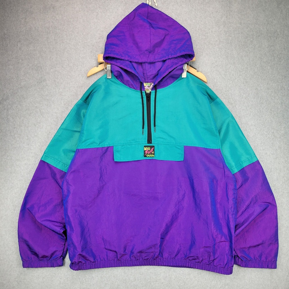 Surf Style Windbreaker Pullover Mens OS Purple Teal 90s Iridescent Quarter Zip